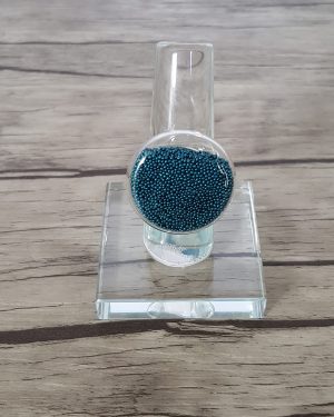 Bague bulle de verre disque et micro-billes bleu canard