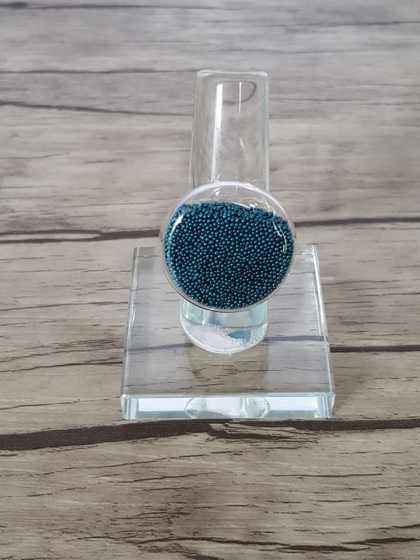 Bague bulle de verre disque et micro-billes bleu canard