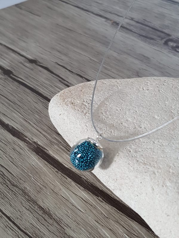 Collier bulle de verre soufflé et micro-billes bleu canard