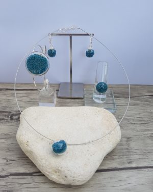 Parure verre soufflé et micro-billes bleu canard