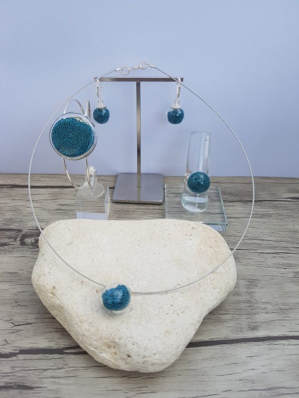 Parure verre soufflé et micro-billes bleu canard