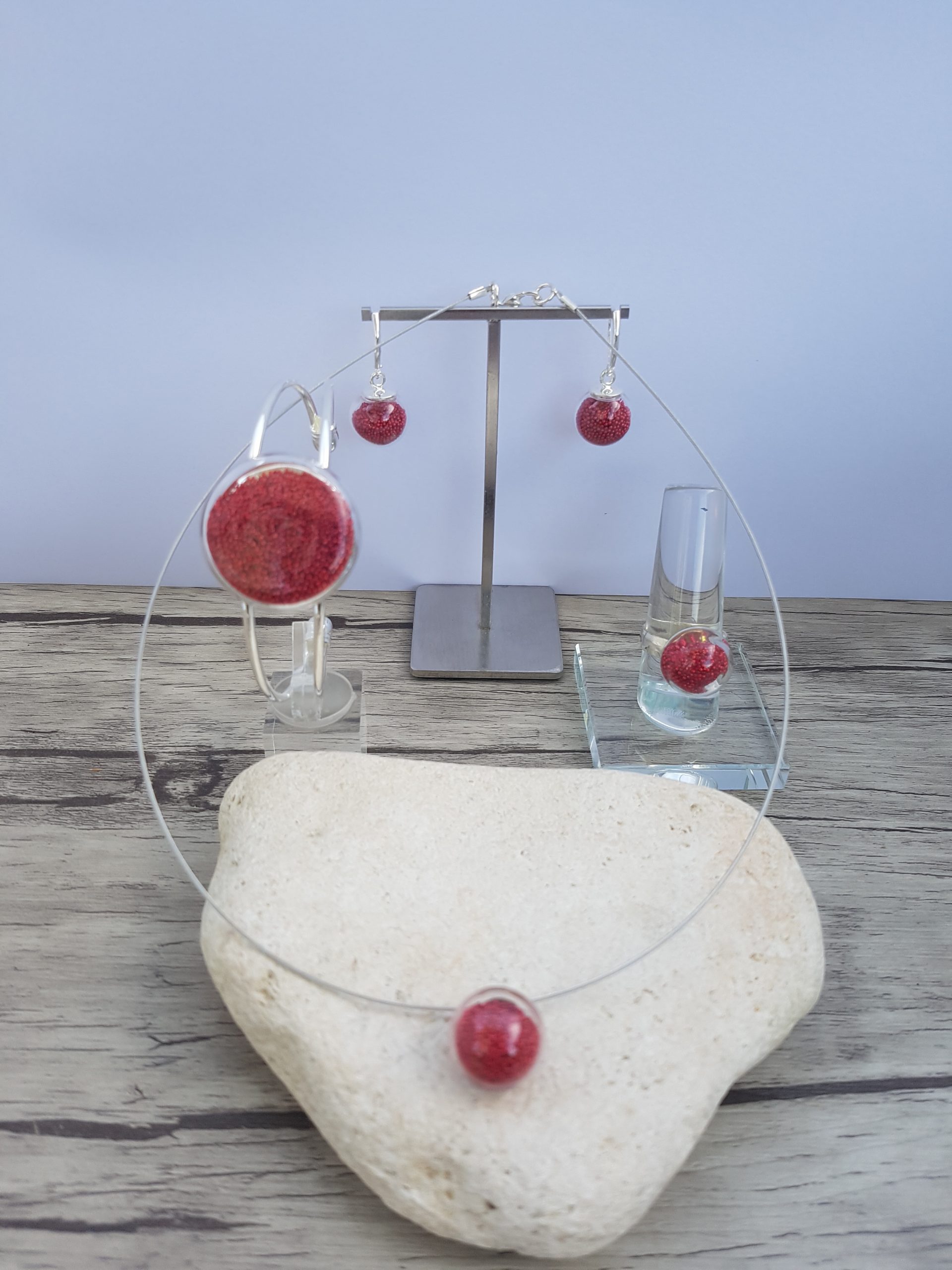 Parure verre soufflé et micro-billes rouge