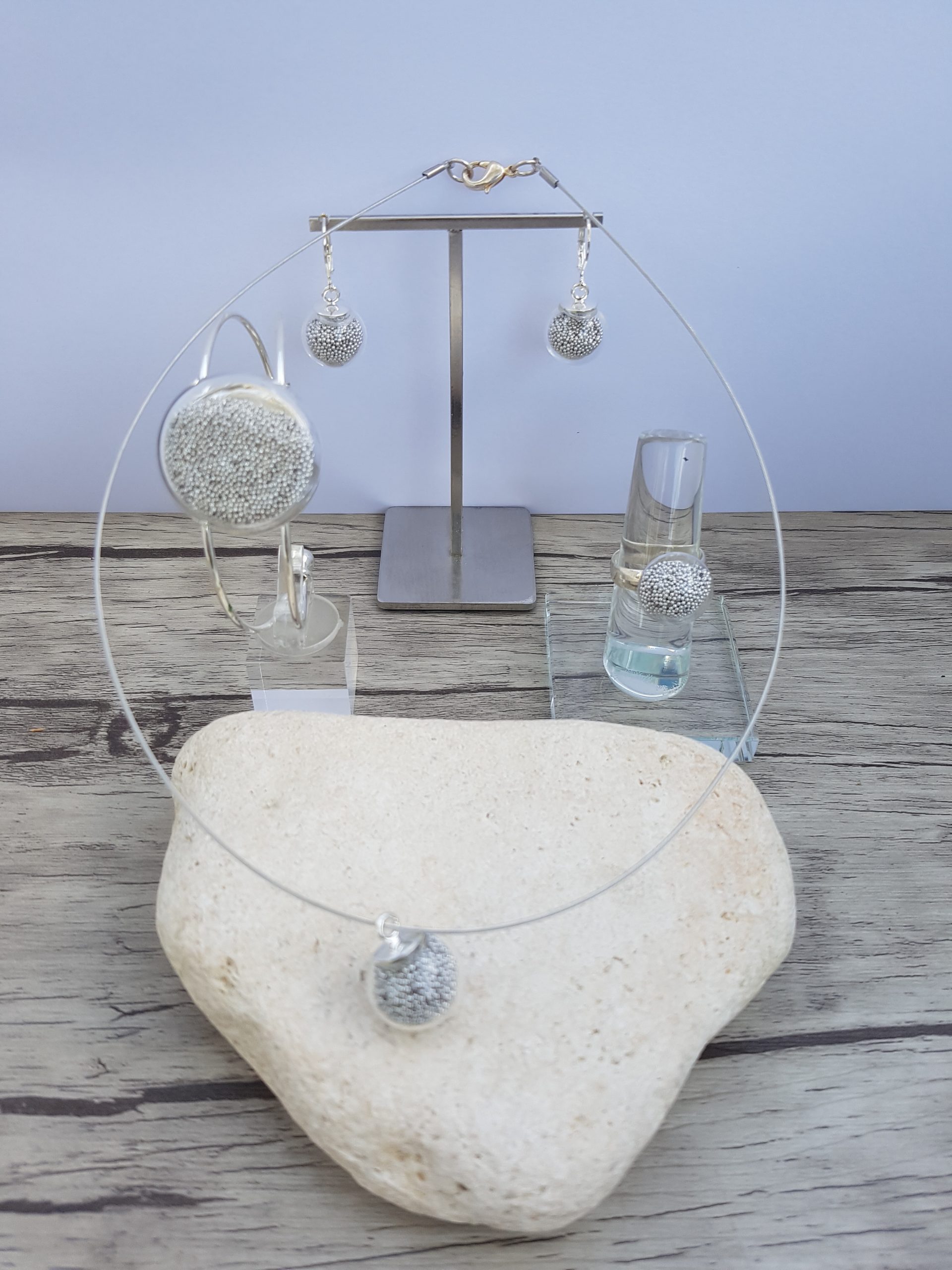 Parure verre soufflé et micro-billes gris