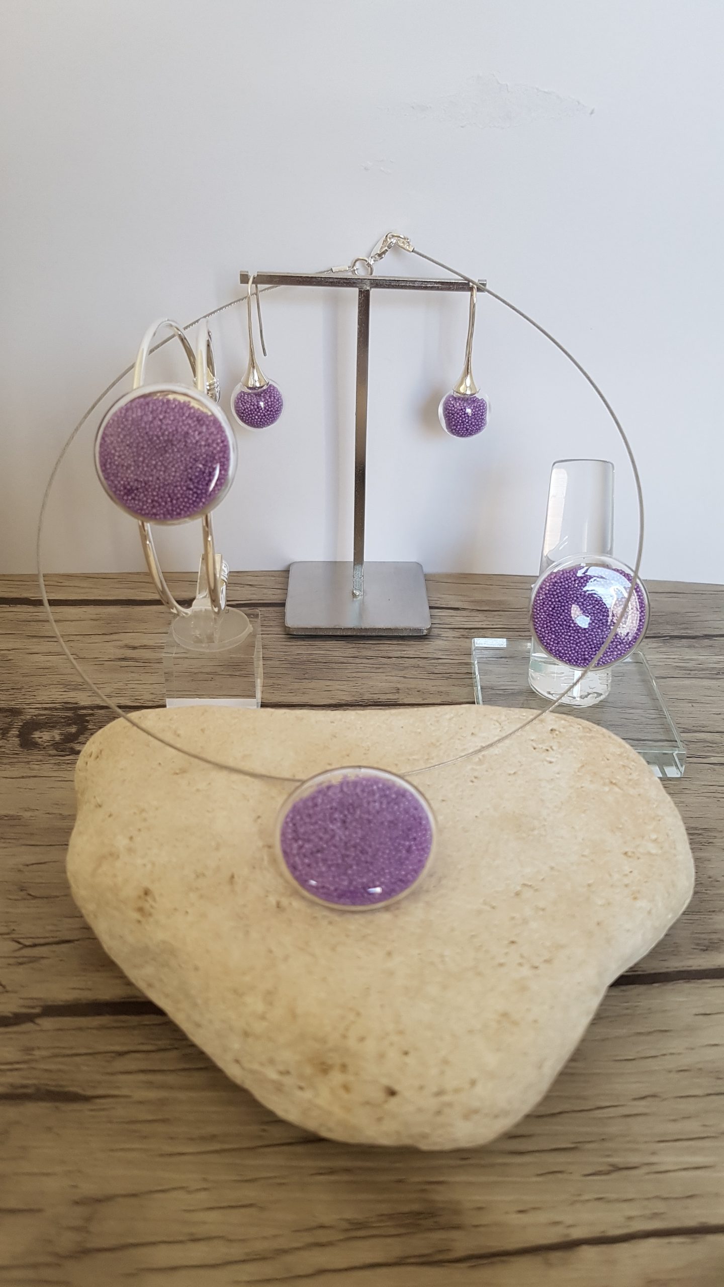 Parure verre soufflé et micro-billes mauve