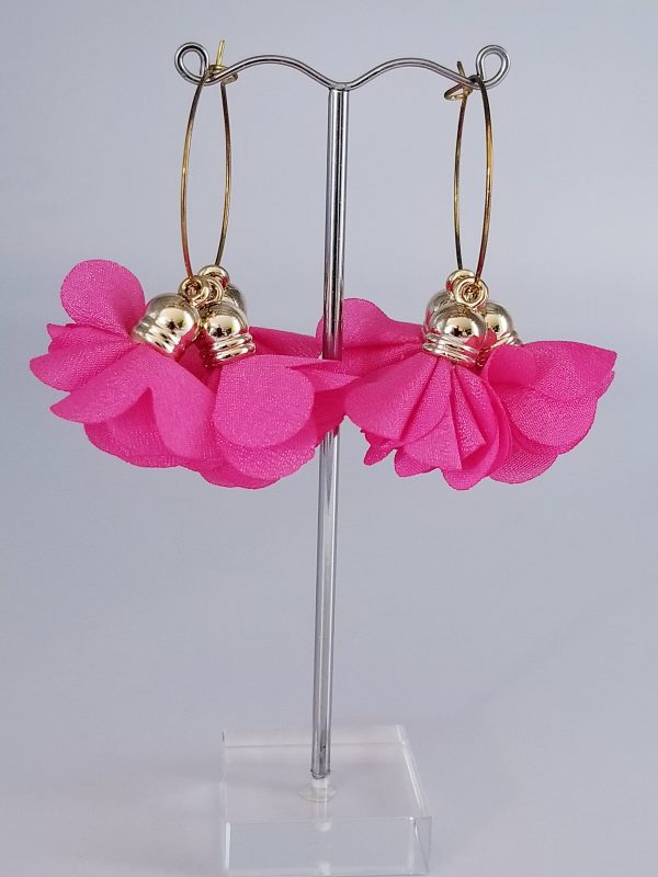 Boucles d'oreilles créoles et froufrous rose fuchsia