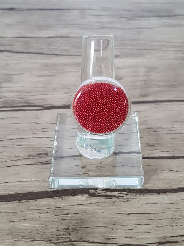 Bague bulle de verre disque et micro-billes rouge