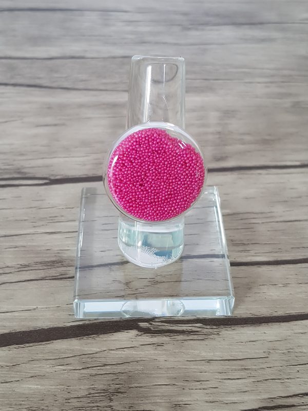Bague bulle de verre disque et micro-billes fuchsia