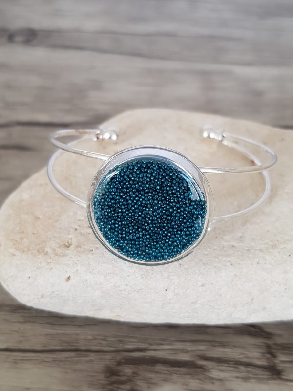 Bracelet capsule de verre et micro-billes bleu canard
