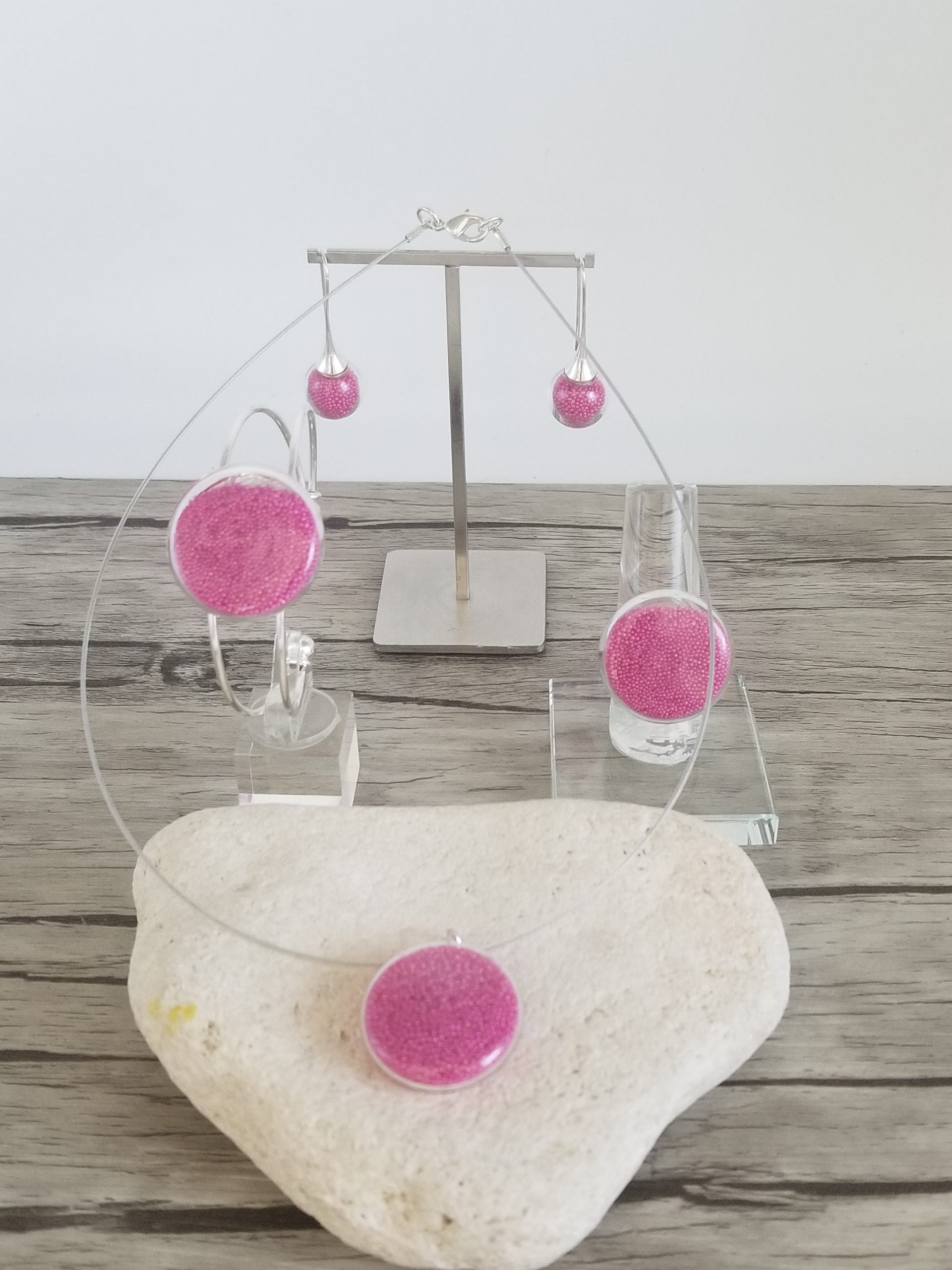 Parure verre soufflé et micro-billes fuchsia